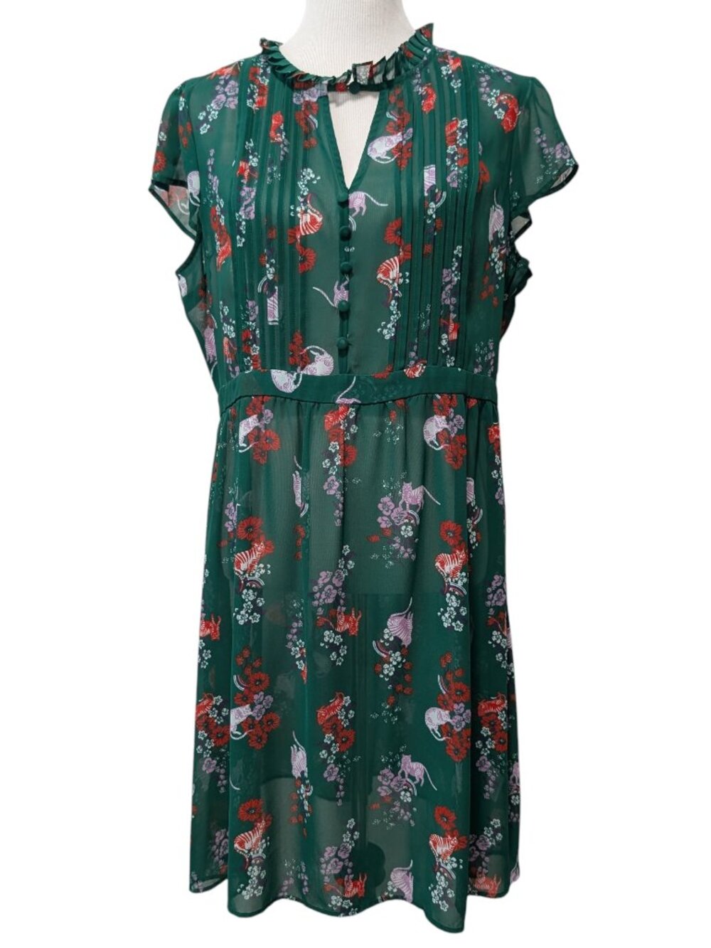 Modcloth Womens Size XL Green Floral Kitty Cats Sheer Ruffle Neck Retro Dress - Picture 2 of 12